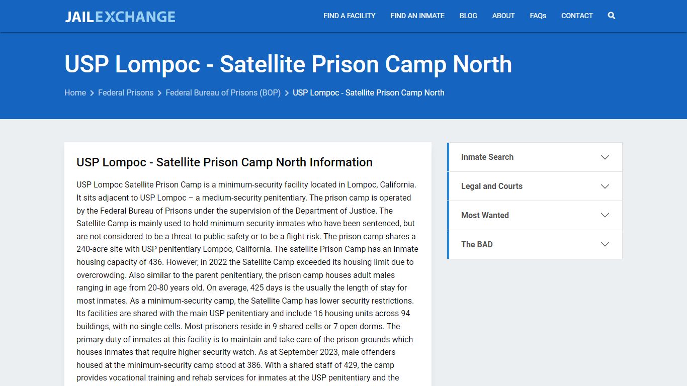 Federal Inmate Search - USP Lompoc - Satellite Prison Camp North