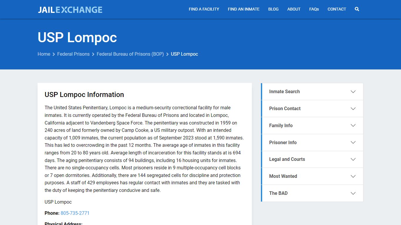 Federal Inmate Search - USP Lompoc - Jail Exchange
