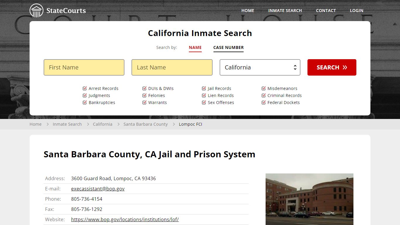 Lompoc FCI Inmate Records Search, California - StateCourts